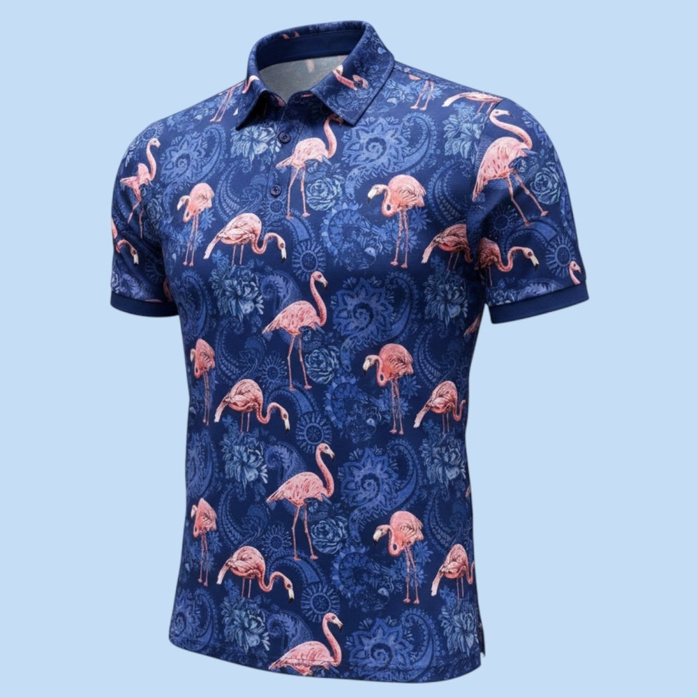 New Daupanzees Polo Shirt Men XL Blue Flamingo BirdsPaisley Print Short Sleeve
